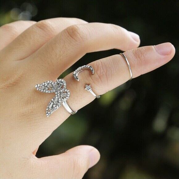 Silver Alloy Plated Fashion Rhinestone Butterfly Moon Star Ring Trio - Picture 2 of 8